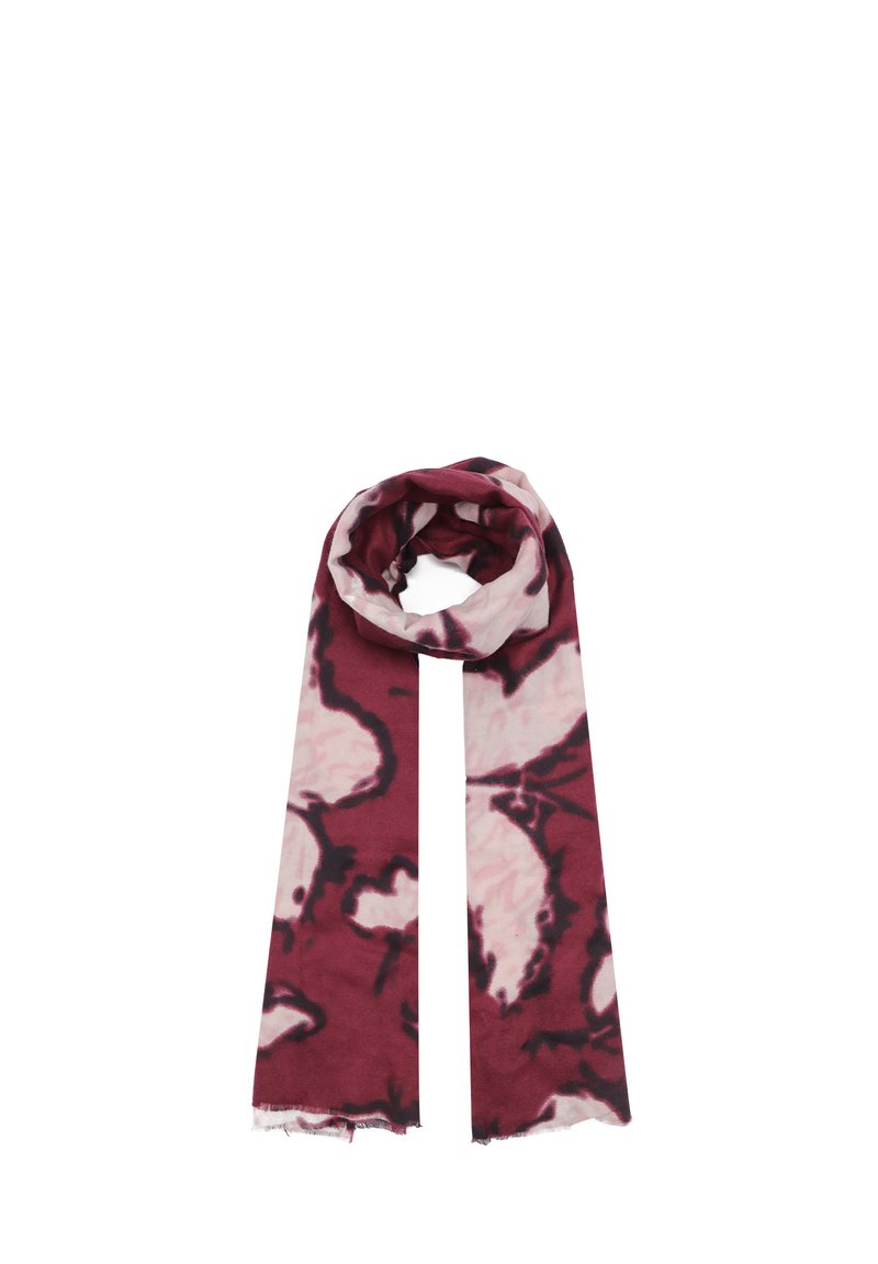 Scarf color bordeaux e blush con motivi astratti. Tessuto morbido, forma rettangolare e bordi sfrangiati. Progettata per essere indossata avvolta o drappeggiata.