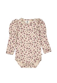 Body a maniche lunghe per bambini in tessuto beige chiaro con motivo floreale rosa e nero. Presenta maniche a sbuffo e chiusura a scatto sul fondo.