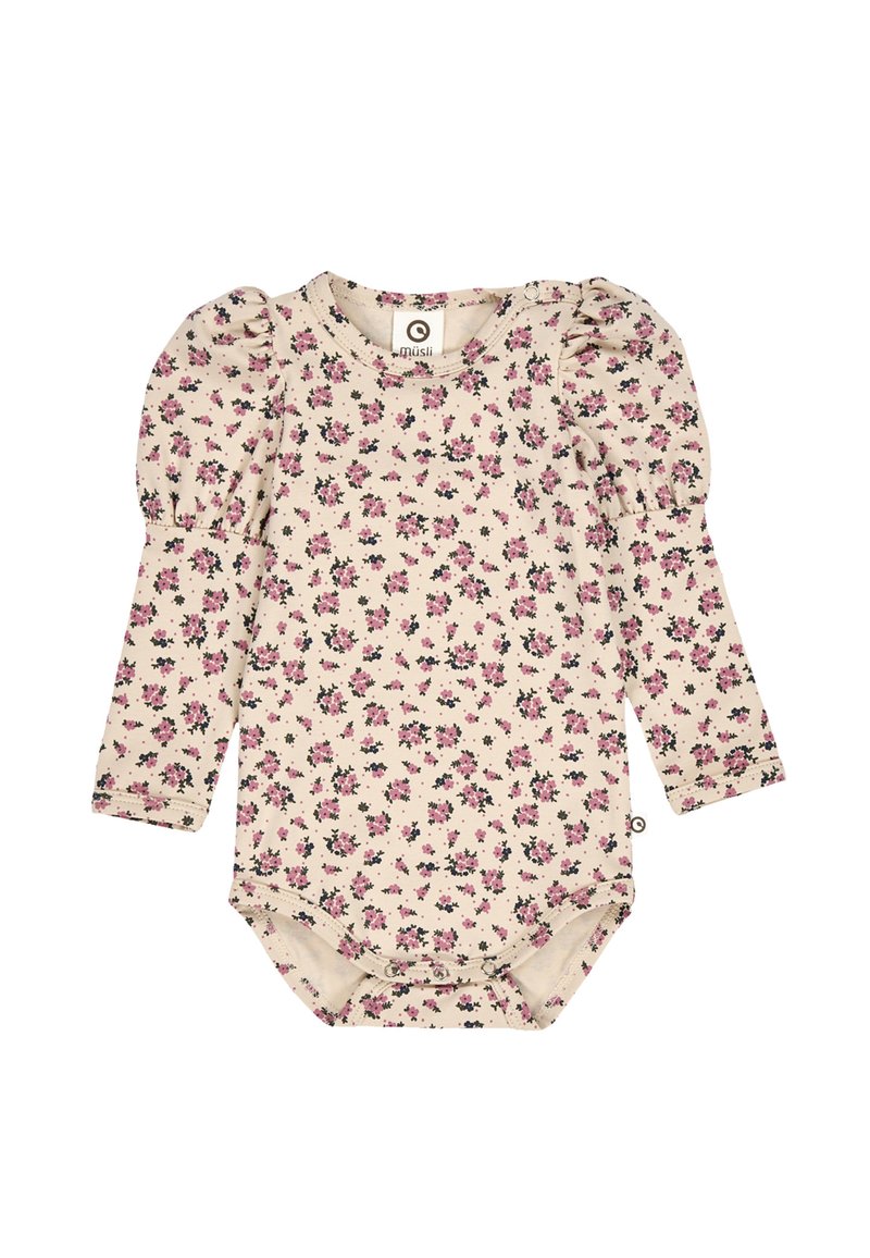Body a maniche lunghe per bambini in tessuto beige chiaro con motivo floreale rosa e nero. Presenta maniche a sbuffo e chiusura a scatto sul fondo.