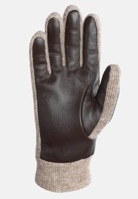 Brun læderhandske med en ribbet beige stofmanchet. Handfladen er glat, mens bagsiden har en struktureret strikfinish.