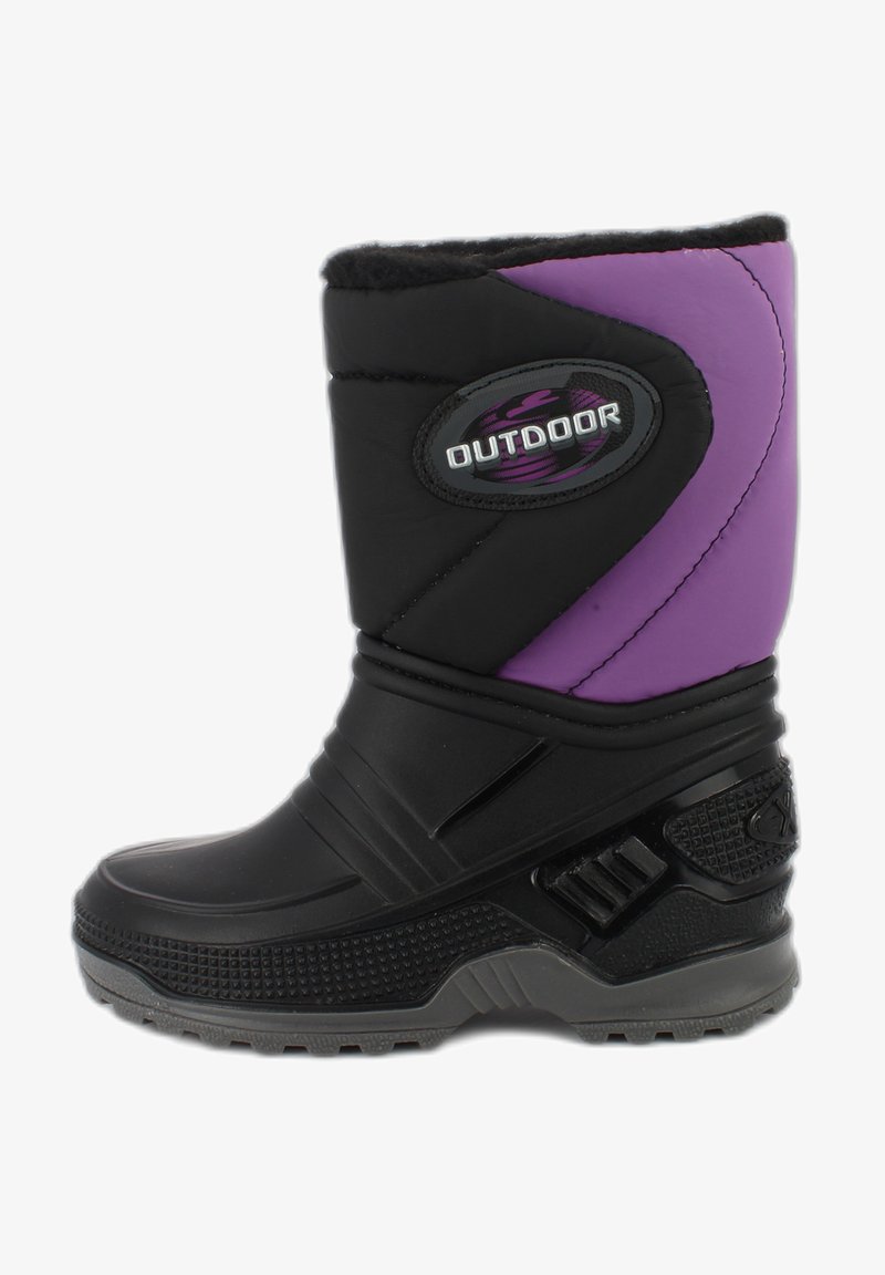 Schwarze und lila Winterstiefel mit gepolstertem Schaft, Kunstfell-Futter, strukturiertem Gummiunterscheiden und "OUTDOOR"-Branding an der Seite.