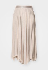 Jupe midi plissée beige avec ourlet asymétrique et ceinture brillante, présentée sur fond blanc.