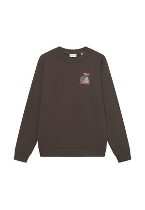 Dunkelbrauner Pullover mit rundem Ausschnitt, langen Ärmeln und einem gestickten Design mit floralen Elementen auf der linken Brust.