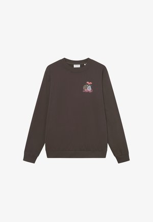 Dark brown sweatshirt featuring a round neckline, long sleeves, and an embroidered design with floral elements on the left chest.