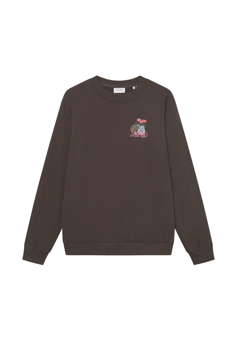 Σκούρο καφέ φούτερ με στρογγυλή λαιμόκοψη, μακριά μανίκια και κεντητό σχέδιο με φλοράλ στοιχεία στο αριστερό στήθος.