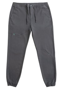 Grijze broek met een elastische tailleband, trekkoord en tapered pijpen. Voorzien van zijzakken en contrasterende mintkleurige stikselaccenten.