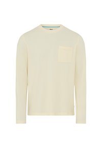 Langärmliges, cremefarbenes Hemd aus weichem Stoff mit quadratischer Brusttasche und rundem Ausschnitt. Einfaches und minimalistisches Design.