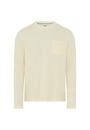 Crème kleurig shirt met lange mouwen, gemaakt van zachte stof, met een vierkante borstzak en een ronde halslijn. Eenvoudig en minimalistisch ontwerp.