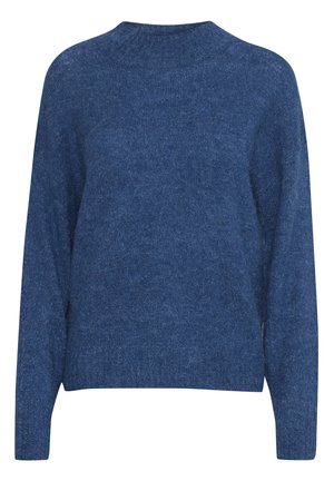 Blauer Strickpullover mit Rundhalsausschnitt, langen Ärmeln und gerippten Bündchen. Der Stoff hat eine weiche Textur mit einem dezenten melierten Muster.
