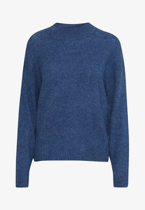 Pull en tricot bleu avec un col rond, des manches longues et des poignets côtelés. Le tissu a une texture douce avec un subtil motif chiné.