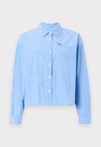 Šviesiai mėlyna ilgomis rankovėmis marškiniai su baltomis vertikaliomis juostelėmis, krūtinės kišenė, apykaklė ir mažas išsiuvinėtas „Obey“ logotipas priekyje.