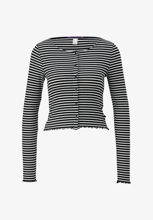 Zwart-witte gestreepte langharige cardigan met een ronde halslijn, knoopsluiting en geschulpte zoom, gemaakt van ribgebreide stof.