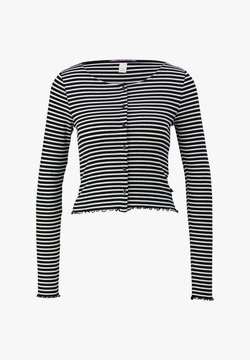 Czarno-biały kardigan z długim rękawem w paski, z okrągłym dekoltem, zapięciem na guziki i falbaniastym wykończeniem, wykonany z prążkowanej tkaniny.