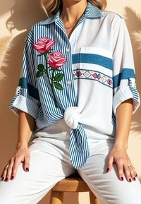 Femme portant une chemise à rayures bleues et blanches avec une broderie de rose, nouée à la taille, et un pantalon blanc assise sur un tabouret en bois.