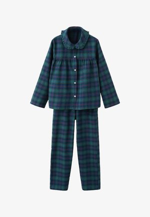 Ensemble de pyjama à carreaux en vert et marine, avec un col volanté, des manches longues et une fermeture à boutons. Fabriqué en tissu doux avec un motif à carreaux.