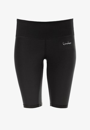 Fekete kerékpáros rövidnadrág sima, rugalmas anyagból. Magas derékkal rendelkezik, és egy kis logó található az elején. Nincsenek minták vagy díszítések.