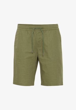 Olivenfargede linstoffshorts med elastisk midje, justerbar snøring og sidelommer. Lett og pustende stoff.