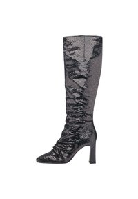 Botte noire à sequins jusqu'au genou avec un bout pointu, un talon structuré et une texture froncée le long de la tige pour une silhouette ajustée.