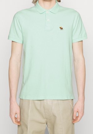 Hellgrünes Poloshirt aus Baumwolle mit einem Kragen mit zwei Knöpfen und einem kleinen gestickten Elch-Logo auf der linken Brustseite.