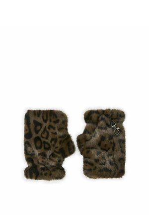 Paire de gants sans doigts à imprimé léopard marron et noir en fausse fourrure douce avec une petite fermeture métallique sur un gant.