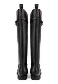 Black leather knee-high boots with a smooth texture, featuring a back pull tab and buckle detail. Simple, sleek design with no decorative patterns.