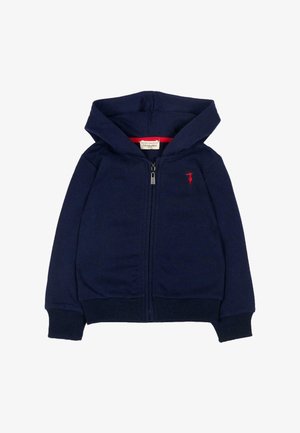 Felpa con cappuccio blu navy con zip, polsini e orlo a costine e piccolo logo rosso ricamato sul petto sinistro.