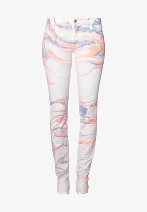 Slim fit witte jeans met oranje en grijs marmerachtige swirlpatronen, een voorste knoopsluiting en een ontwerp met vijf zakken.