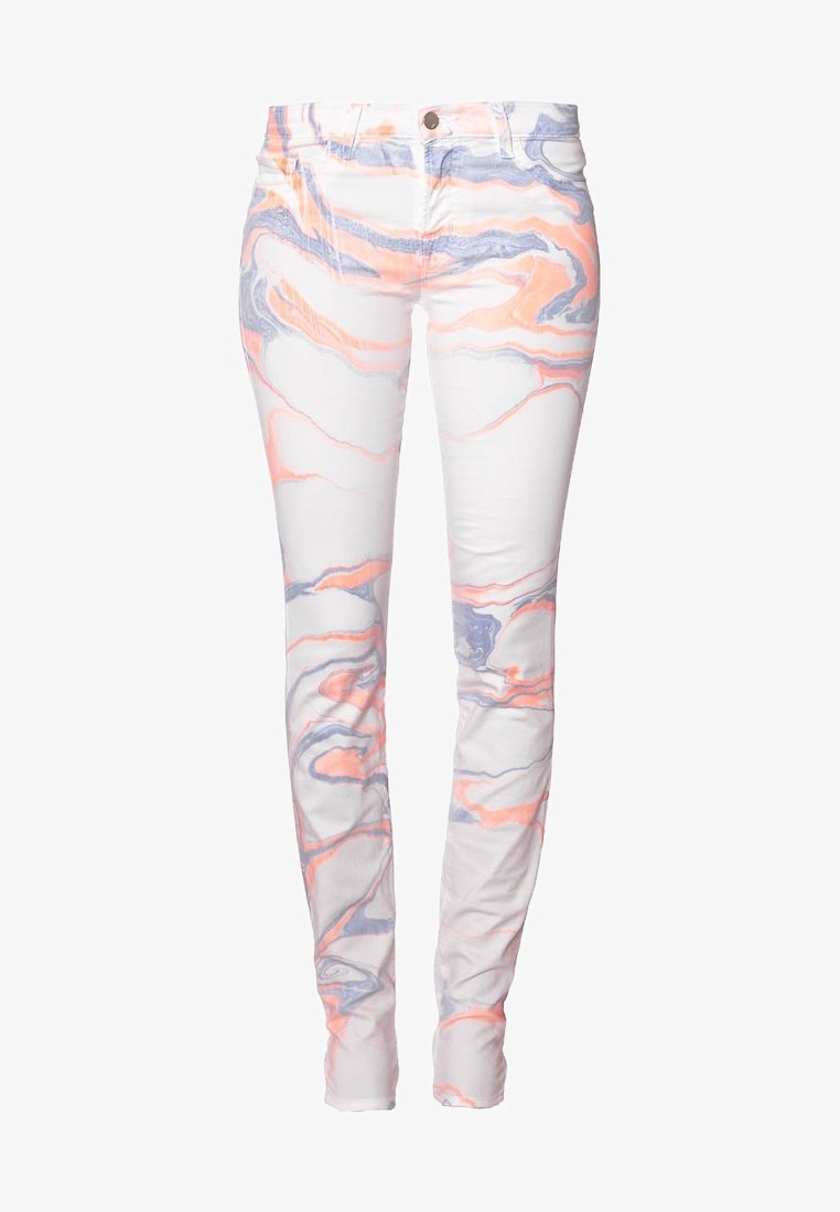 Jean skinny blanc avec des motifs tourbillonnants orange et gris ressemblant à du marbre, bouton à l'avant et design à cinq poches.