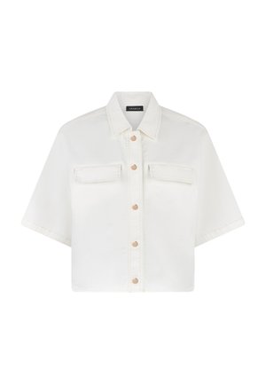 Camicia bianca corta con maniche corte, chiusura frontale con bottoni, due tasche con patta sul petto e colletto a punta.
