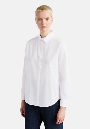 Weißes Hemd mit Knopfleiste, klassischem Kragen, langen Ärmeln und abgerundetem Saum, gefertigt aus glattem Baumwollstoff.