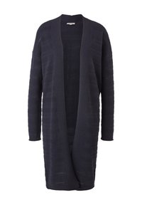Cardigan long noir à ouverture frontale, en tricot, avec manches longues et un subtil motif à rayures texturées.