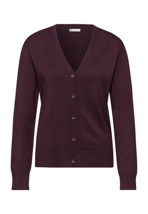 V-hals, langærmet kort cardigan i dyb lilla, med knaplukning foran og ribbede manchetter for tekstur. Blødt strikket stof og klassisk design.