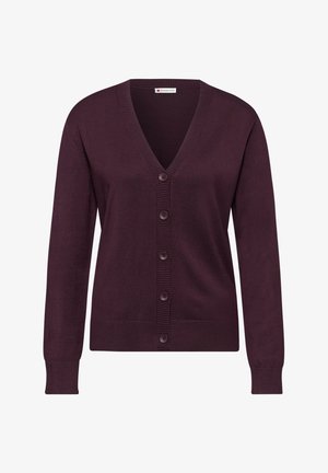 V-Ausschnitt, langärmeliger Cardigan in Dunkelviolett mit Knopfleiste und gerippten Bündchen für Textur. Weicher Strickstoff und klassisches Design.