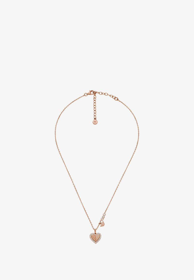 Vaaleanruusukultainen kaulaketju, jossa on sydänriipus, jossa on teksturoitu muotoilu ja pieni lisäsydän. Ketjussa on säädettävä lukko.