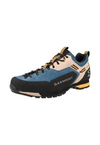 Garmont hiking shoes with a blue and beige suede upper, black rubber toe cap, yellow accents, and durable traction sole.