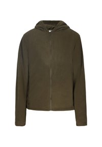 Giacca con cappuccio verde oliva realizzata in morbido materiale felpato, con zip frontale, maniche lunghe e vestibilità casual.