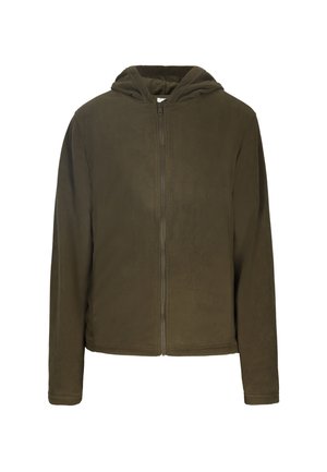 Giacca con cappuccio verde oliva realizzata in morbido materiale felpato, con zip frontale, maniche lunghe e vestibilità casual.