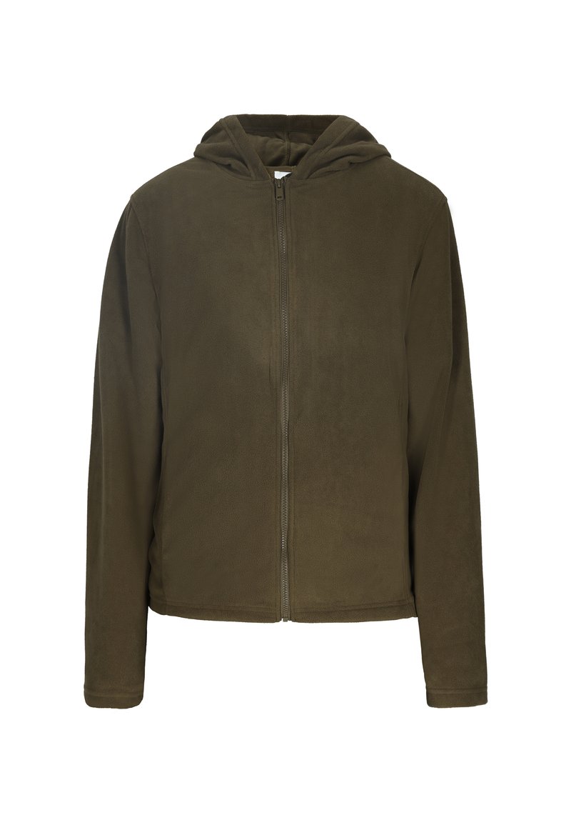 Giacca con cappuccio verde oliva realizzata in morbido materiale felpato, con zip frontale, maniche lunghe e vestibilità casual.