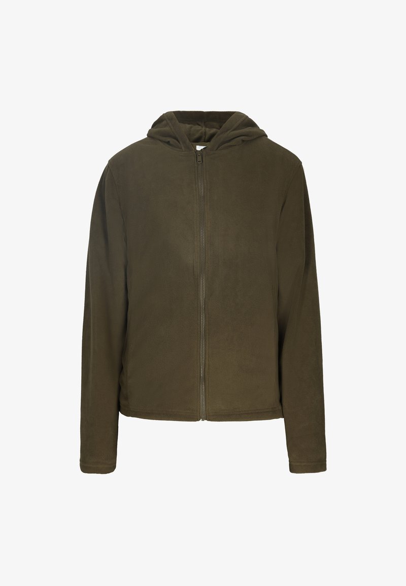 Olive green hooded jacket made of soft fleece material, featuring a front zipper, long sleeves, and a relaxed fit.