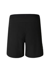 Czarne kąpielówki o gładkiej fakturze, z elastycznym pasem i małą boczną metką. Prosty fason, długość do kolan. Brak widocznych kieszeni.