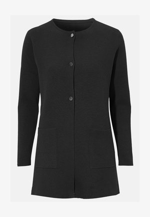 Svart stickad cardigan med rund halsringning, knappstängning och två framfickor. Har ett texturerat tyg och långa ärmar.