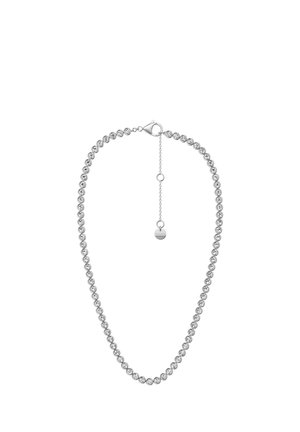 Silberne Halskette mit runden klaren Edelsteinen, die zu einer Kette verbunden sind, mit Karabinerverschluss und verstellbarem Verlängerungsanhänger mit kleinem Markenetikett.