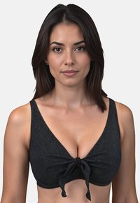 Top bikini nero a forma triangolare, con laccio regolabile sul davanti e tessuto testurizzato con piccoli punti. Spalline larghe per un migliore supporto.