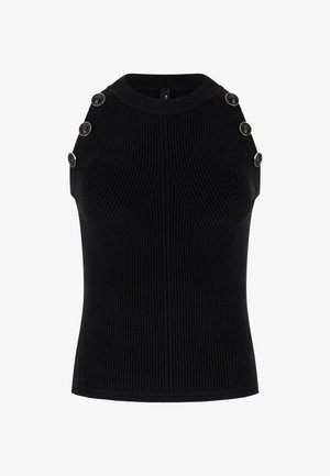 Schwarzes, geripptes, ärmelloses Strickoberteil mit sechs dekorativen runden Knöpfen entlang jeder Schulternaht.