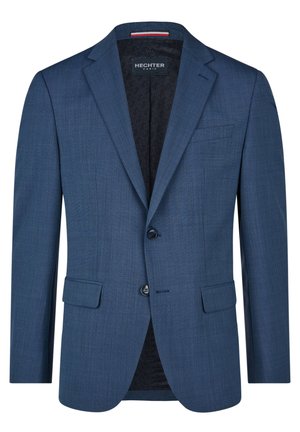 Einreihiges blaues Herrenblazer mit Stegkragen, zwei Knöpfen, Pattentaschen und einer Brustleistentasche, mit dem Label Hechter Paris.