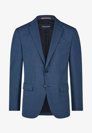 Enkeltknottet blå herreblazer med notch kraver, to knapper, klaplommer og brystlomme, mærket Hechter Paris.
