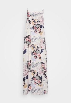 Floral maxi dress with thin straps, featuring a light fabric in cream, with pink and blue floral patterns, and abstract brushstroke designs.