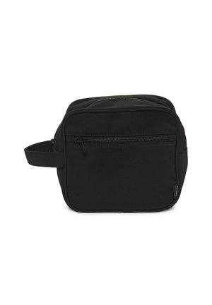 Trousse de toilette rectangulaire noire avec poche zippée à l'avant et poignée latérale, en tissu.