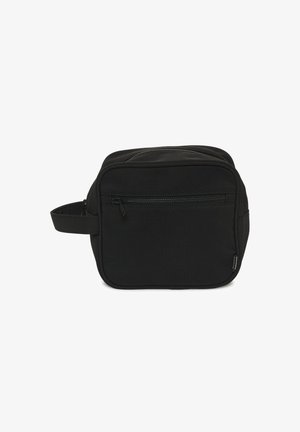 Black rectangular toiletry bag with front zipper pocket and side handle, made of fabric material.