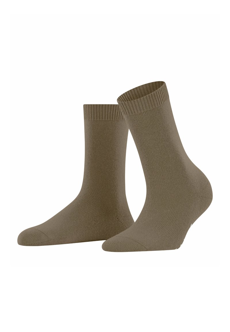 Pair of plain brown mid-calf socks with ribbed cuffs, displayed side by side on white background.